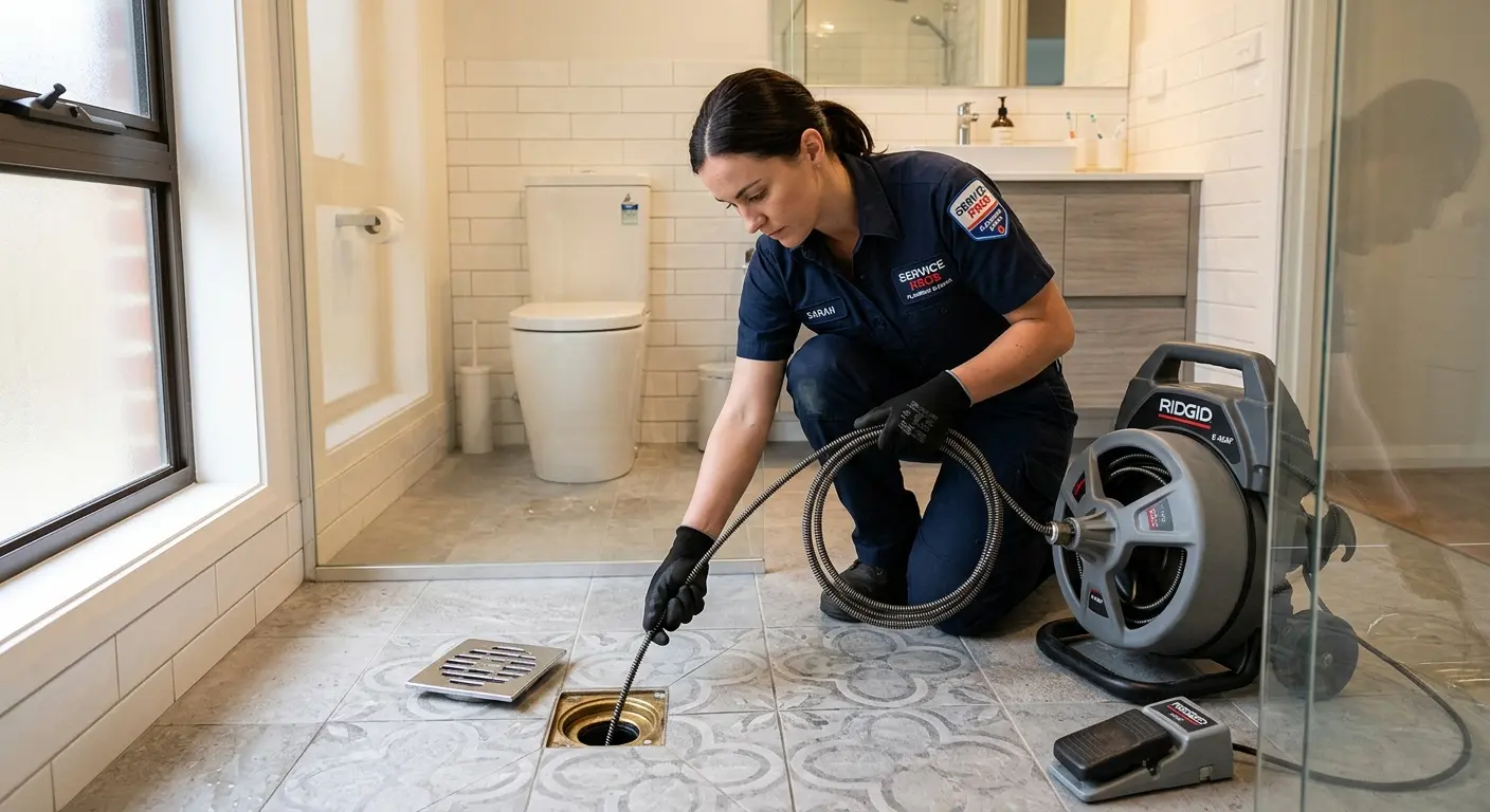 Technician clearing a bathroom floor drain for Hydro Jetting in Glenmont